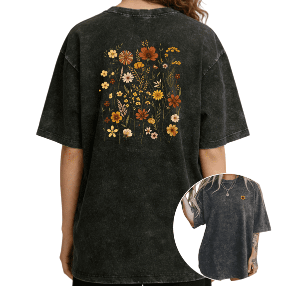 Autumn Wildflower Bouquet Floral Graphic Womens Vintage Washed Black T-Shirt S-2XL Tops