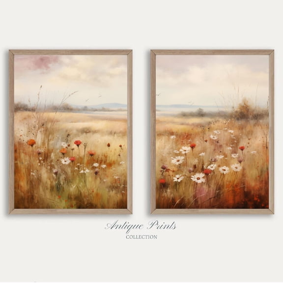 Autumn Wildflower Country Neutral Split Wall Art Set 2 Stretched Canvas 16x24