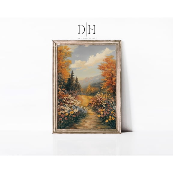 Autumn Wildflower Path Poster: Cottagecore Fall Forest Art, Unframed Canvas Size 16x24