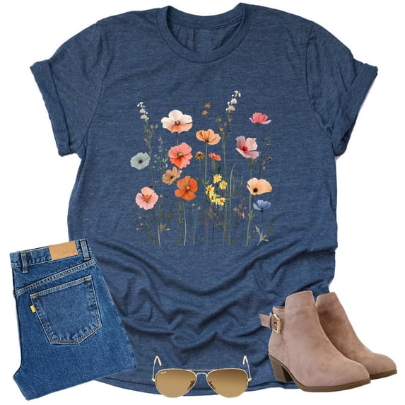 Autumn Wildflower T Shirt Cute Flower Graphic Loose Tees Crew Neck Short Sleeve Casual Tops (Navy-2X-Large)