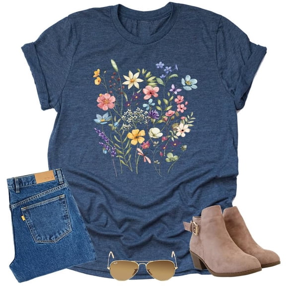 Autumn Wildflower T Shirt Cute Flower Graphic Loose Tees Crew Neck Short Sleeve Casual Tops (Navy-Large)