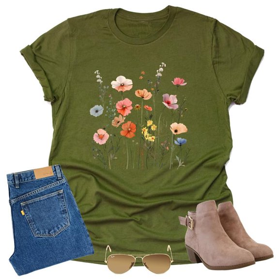 Autumn Wildflower T Shirt Cute Flower Graphic Loose Tees Crew Neck Short Sleeve Casual Tops (Olive-Large)