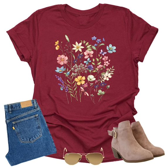 Autumn Wildflower T Shirt Cute Flower Graphic Loose Tees Crew Neck Short Sleeve Casual Tops (Rasp-Large)