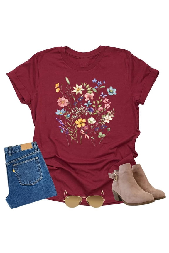 Autumn Wildflower T Shirt Cute Flower Graphic Loose Tees Crew Neck Short Sleeve Casual Tops (Rasp-X-Large)