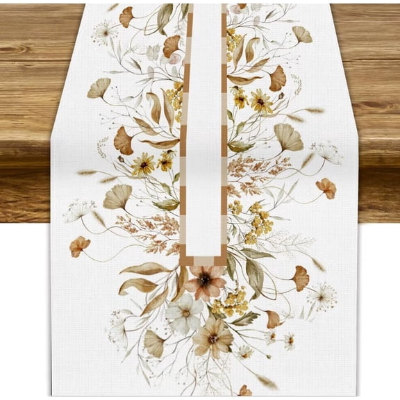 Autumn Wildflower Table Runner, Fall Yellow Flowers Leaves Thanksgiving Table Runner for Holiday Indoor Outdoor Home Party, 13x36inch