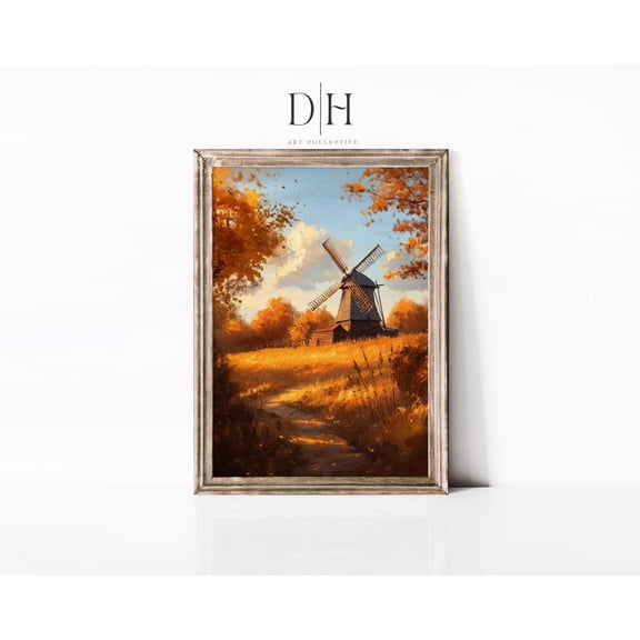 Autumn Windmill Landscape Art : Vibrant Fall Colors Unframed Paper Print
