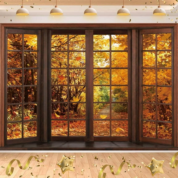 Autumn Window Backdrop Fall Forest Scene Photography Background Thanksgiving Day Party Decorations Portrait Photo Props
