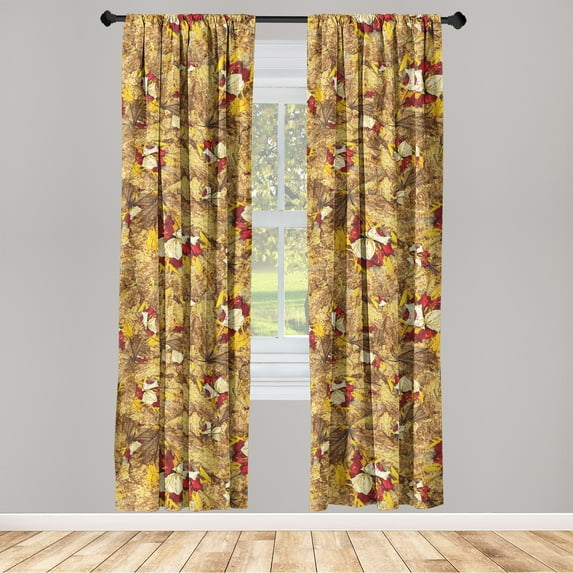 Autumn Window Curtains, Fall Themed Leafy Artwork with Blooming Roses Cottagecore Inspirations Print, Lightweight Decor 2-Panel Set with Rod Pocket, Pair of - 28"x95", Dark Coral Mustard, by Ambesonne