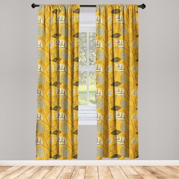 Autumn Window Curtains, Fall Themed Leaves Forest Themed Foliage Design Repetitive Botanical, Lightweight Decor 2-Panel Set with Rod Pocket, Pair of - 28"x95", Marigold Black and Beige, by Ambesonne