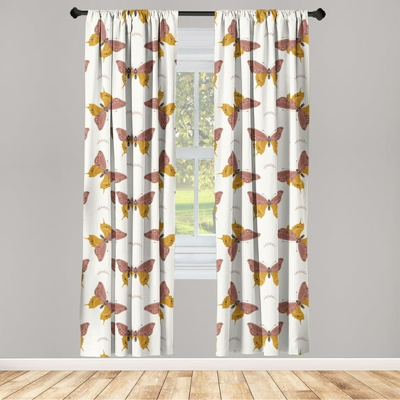 Autumn Window Curtains, Neutral Colors Boho Moth Pattern Cottagecore Simple Design Artwork, Lightweight Decor 2-Panel Set with Rod Pocket, Pair of - 28"x63", Pale Coffee and Pale Maroon, by Ambesonne