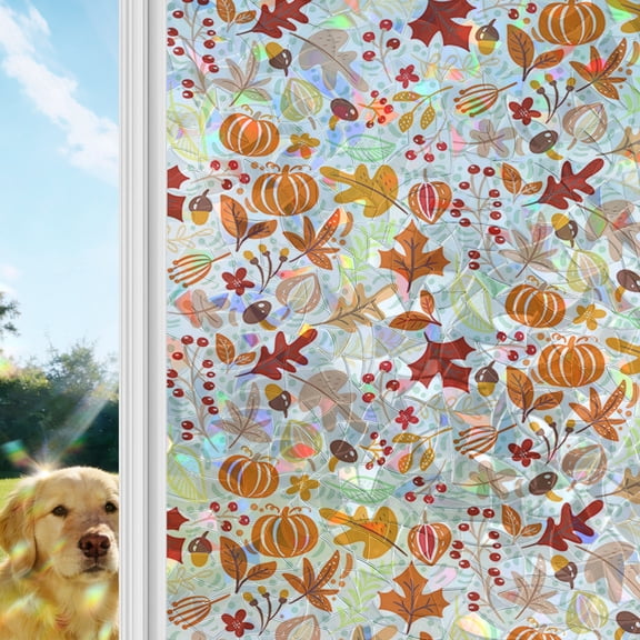 Autumn,Window Privacy Film Stain Glass,Reusable Decorative Rainbow Window Film,Fall Pumpkins Maple Leaves Cartoon Art Decor Static Cling Sun Blocking Stickers Decals Covers 23.6" x 78.7" (2pcs)