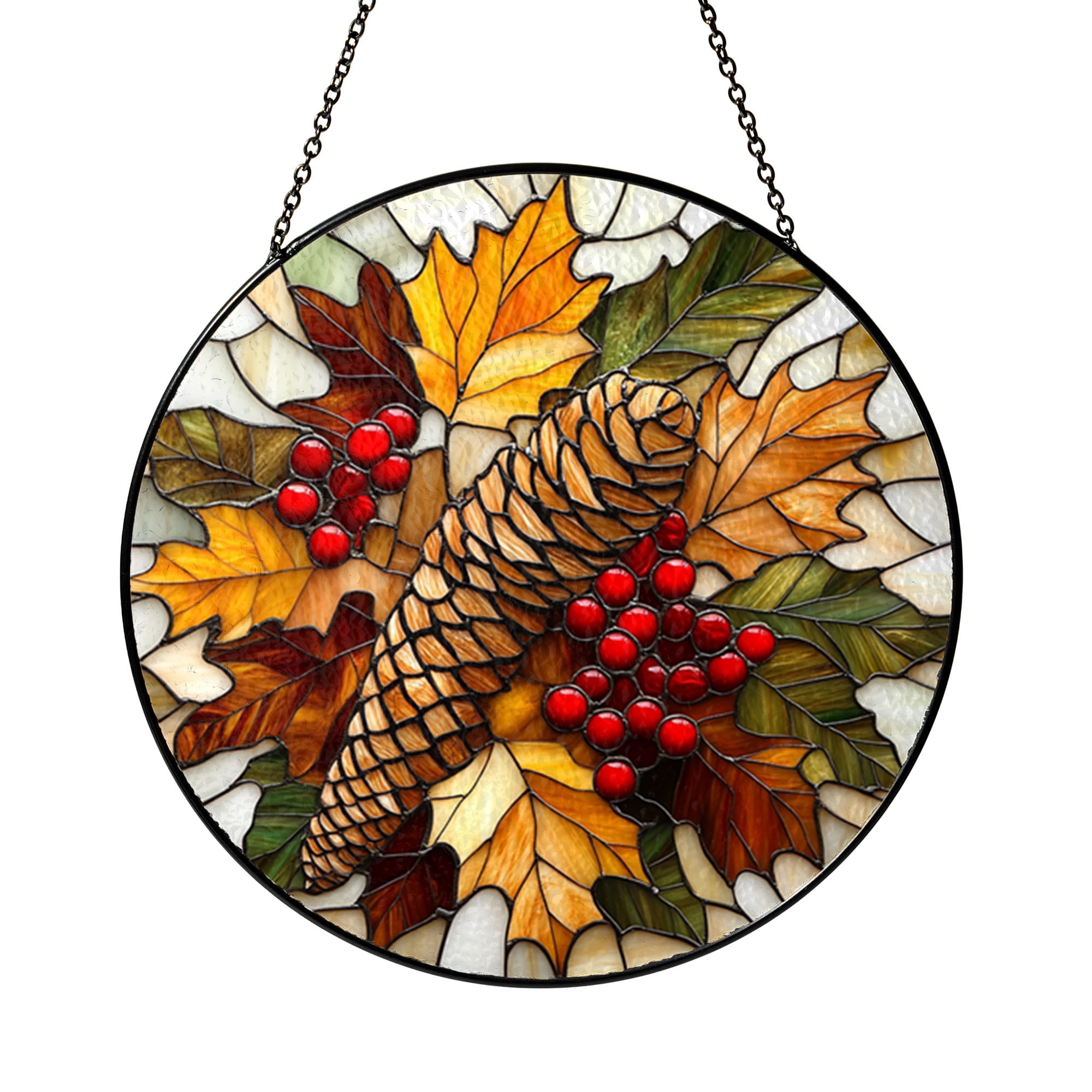 Autumn Window Suncatcher with Berries and Leaves, Faux Glass Inspired ...