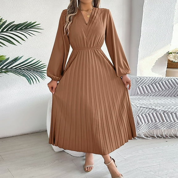 Autumn/Winter 2024 Elegant Triple V Neck Long Sleeve Waist Pleated Dress plus Size Womens Evening plus Size Swing Dress for Women Formal Long Jackets for Women Formal Dress with Sequins Sequin Jacket
