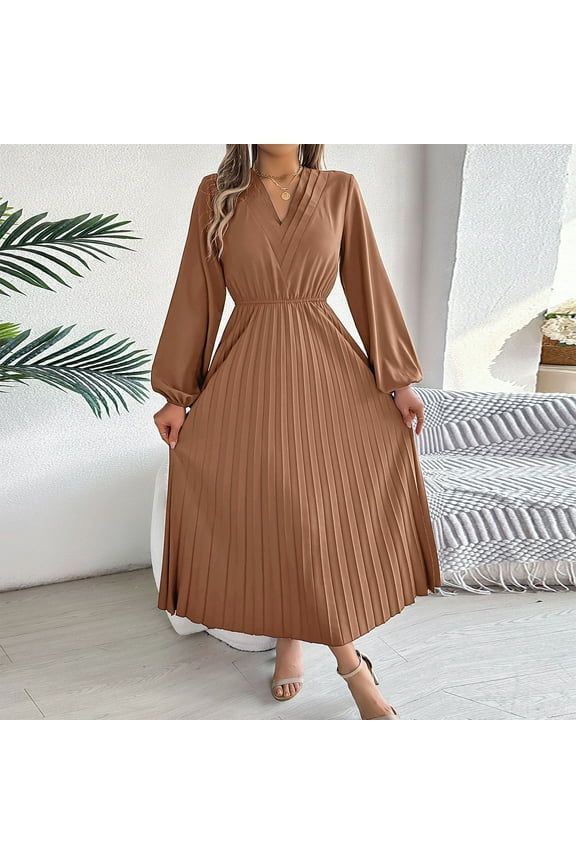 Autumn/Winter 2024 Elegant Triple V Neck Long Sleeve Waist Pleated Dress plus Size Womens Evening plus Size Swing Dress for Women Formal Long Jackets for Women Formal Dress with Sequins Sequin Jacket