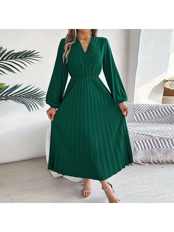 Autumn/Winter 2024 Elegant Triple V Neck Long Sleeve Waist Pleated Dress plus Size Womens Evening plus Size Swing Dress for Women Formal Long Jackets for Women Formal Dress with Sequins Sequin Jacket