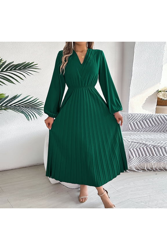Autumn/Winter 2024 Elegant Triple V Neck Long Sleeve Waist Pleated Dress plus Size Womens Evening plus Size Swing Dress for Women Formal Long Jackets for Women Formal Dress with Sequins Sequin Jacket