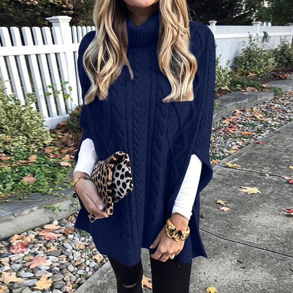 Autumn Winter Casual Loose Knitted Sweater Women Fashion Turtleneck 3/4 Sleeve Solid Color PonchoTops Elegant Twist Shawl Jumper