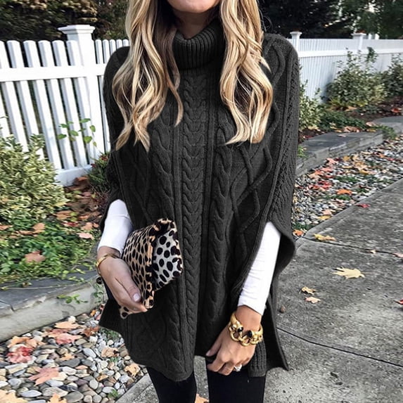 Autumn Winter Casual Loose Knitted Sweater Women Fashion Turtleneck 3/4 Sleeve Solid Color PonchoTops Elegant Twist Shawl Jumper