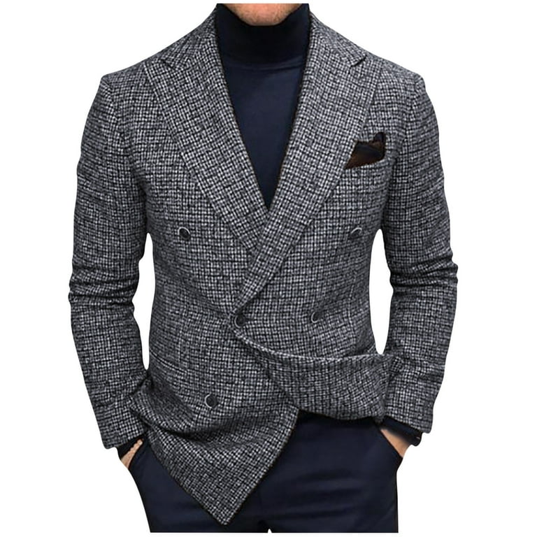 Autumn Winter Coat for Men Formal Casual Slim Fit Plaid British Wool Blend  Jackets Mid-length Lapel Cardigan Button Suit Coat Outwear