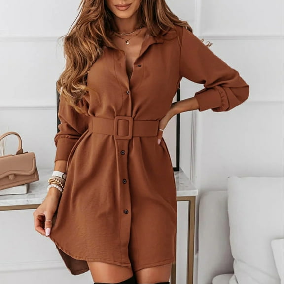 Autumn&Winter Fashion Women Short Dress Long Sleeve Lapel Slim Casual Shirt Dress Comfy Dresses Summer Dresses Women Dresses Dresses of Women Floor Length Dress Womens Summer Dresses with Pockets