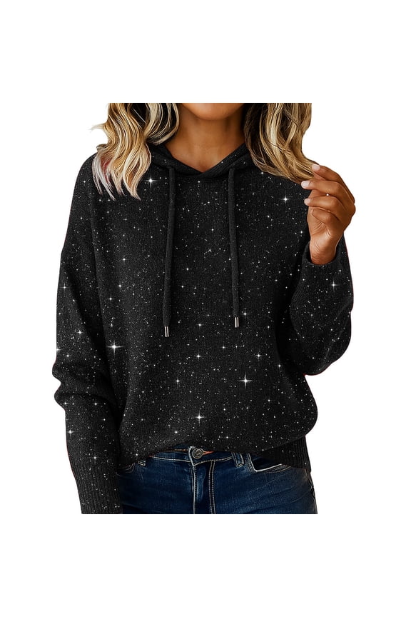 Autumn Winter Holiday Gatherings New Year's Leisure Real Sequins Solid Color Women's Loose Style Hooded Pullover Sweater, Black L