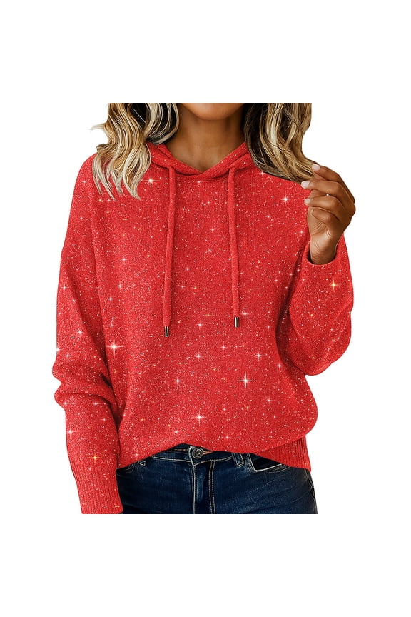 Autumn Winter Holiday Gatherings New Year's Leisure Real Sequins Solid Color Women's Loose Style Hooded Pullover Sweater, Red L