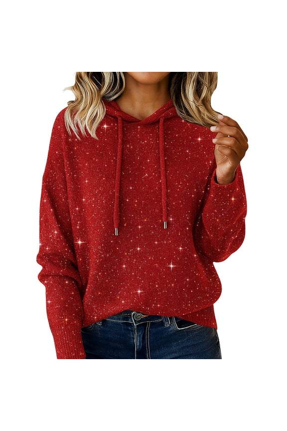 Autumn Winter Holiday Gatherings New Year's Leisure Real Sequins Solid Color Women's Loose Style Hooded Pullover Sweater, Wine XL