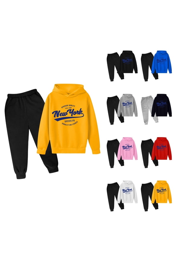 Autumn Winter Kids' Hoodie Pullover Set, Boys Girls Printed Long Sleeve Sweatshirt & Jogger Pants Tracksuit Outfit, Brooklyn New York City Letter Print Graphic Casual Wear