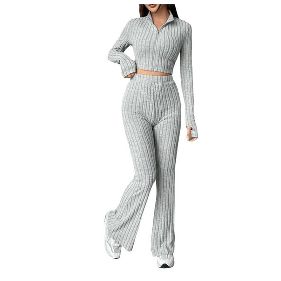 Autumn Winter Knitted Turtleneck & High Waist Wide Leg Pants Set - Polyester/Spandex - S-XXL