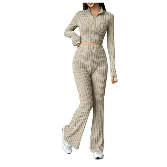 Autumn Winter Knitted Turtleneck & High Waist Wide Leg Pants Set - Polyester/Spandex - S-XXL