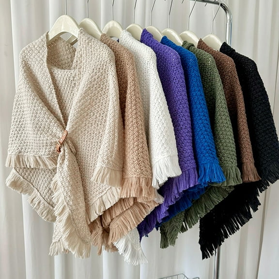 Autumn Winter Knitting Shawl with Tassel Decoration Solid Color Triangle Scarf with Buttons Thickened Warm Knit Wrap