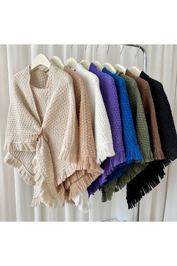 Autumn Winter Knitting Shawl with Tassel Decoration Solid Color Triangle Scarf with Buttons Thickened Warm Knit Wrap