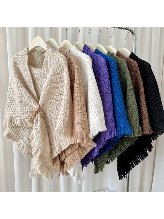 Autumn Winter Knitting Shawl with Tassel Decoration Solid Color Triangle Scarf with Buttons Thickened Warm Knit Wrap