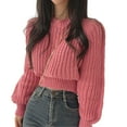 thumbnail image 1 of Autumn Winter Knitting Tops Round Neck Puff Long Sleeve Solid Color Loose Fit Casual Top Ribbed Trim Pullover Sweater, 1 of 8