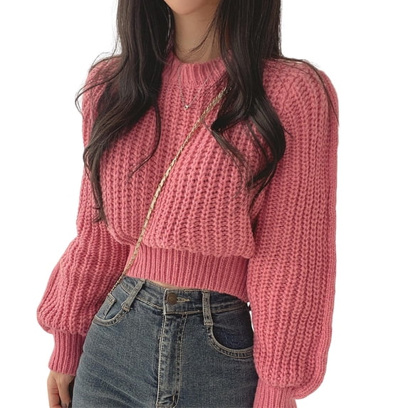 Autumn Winter Knitting Tops Round Neck Puff Long Sleeve Solid Color Loose Fit Casual Top Ribbed Trim Pullover Sweater
