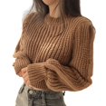 thumbnail image 1 of Autumn Winter Knitting Tops Round Neck Puff Long Sleeve Solid Color Loose Fit Casual Top Ribbed Trim Pullover Sweater, 1 of 8