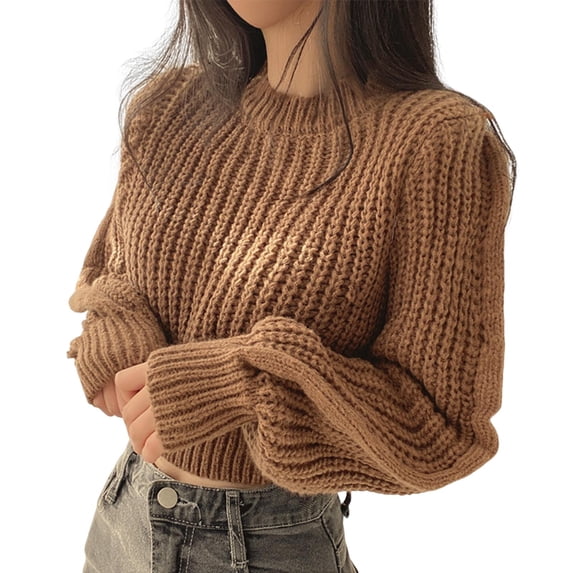 Autumn Winter Knitting Tops Round Neck Puff Long Sleeve Solid Color Loose Fit Casual Top Ribbed Trim Pullover Sweater
