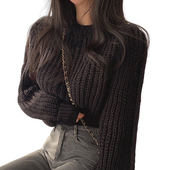 Autumn Winter Knitting Tops Round Neck Puff Long Sleeve Solid Color Loose Fit Casual Top Ribbed Trim Pullover Sweater