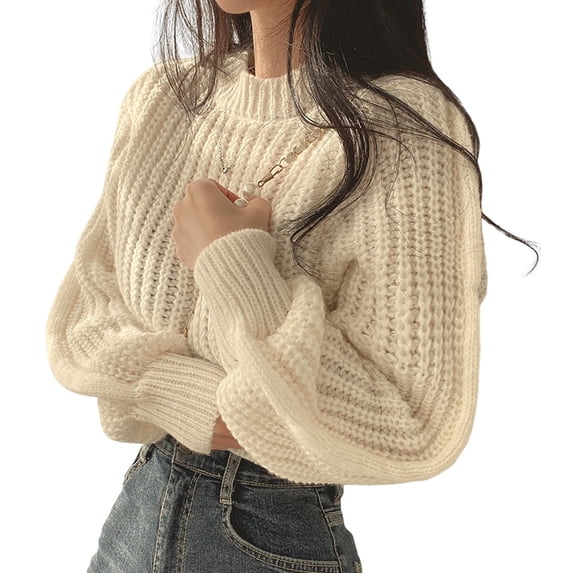 Autumn Winter Knitting Tops Round Neck Puff Long Sleeve Solid Color Loose Fit Casual Top Ribbed Trim Pullover Sweater