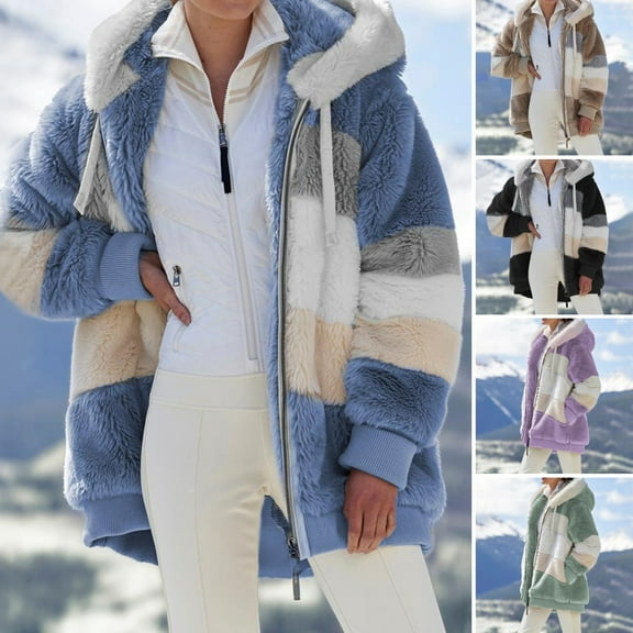 Autumn Winter Lady Cardigan - Thickened Plush Hooded Collar Drawstring Loose Windproof Colorblock Patchwork Long Sleeves Cardigan