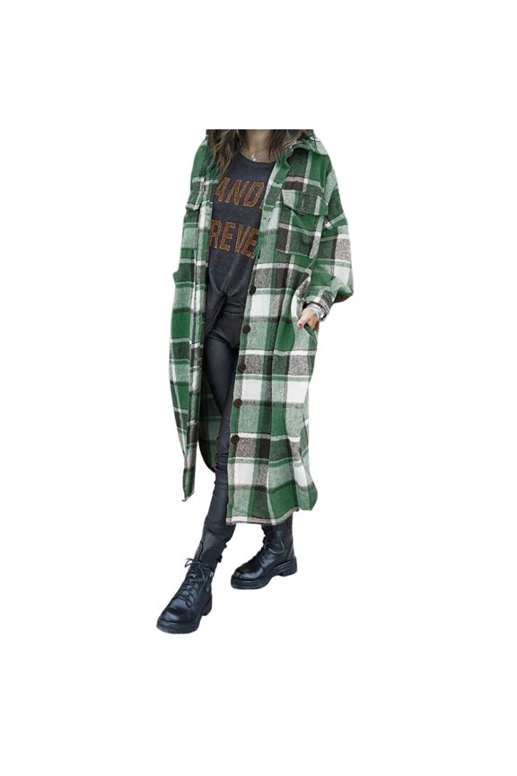 Autumn Winter Lady Coat Shirt Type Plaid Print Single-breasted Turn-down Collar with Chest Pockets Slit Hem Loose Mid Length Daily Wear Work Outdoor Jacket