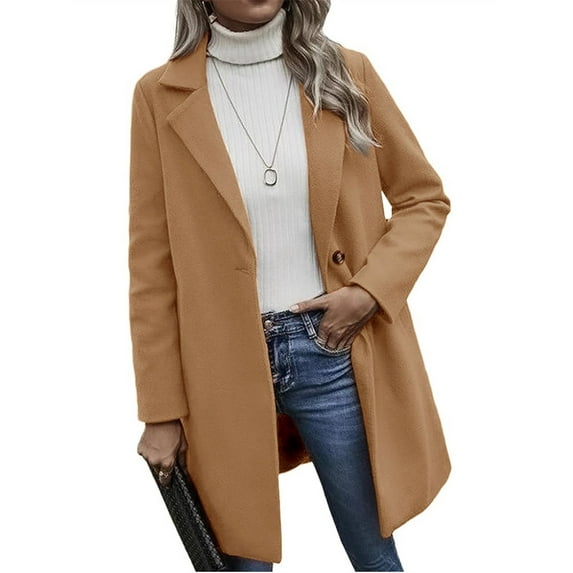 Autumn Winter Lapel Solid Color Long Sleeve Women Button Wool Jacket Coat