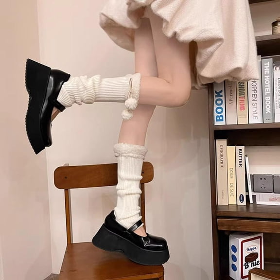 Autumn Winter Lolita Leg Warmers Socks With Ball Knitted Warm Foot Cover White Black Grey Warmer Lady Crochet Sock Boot Cuffs