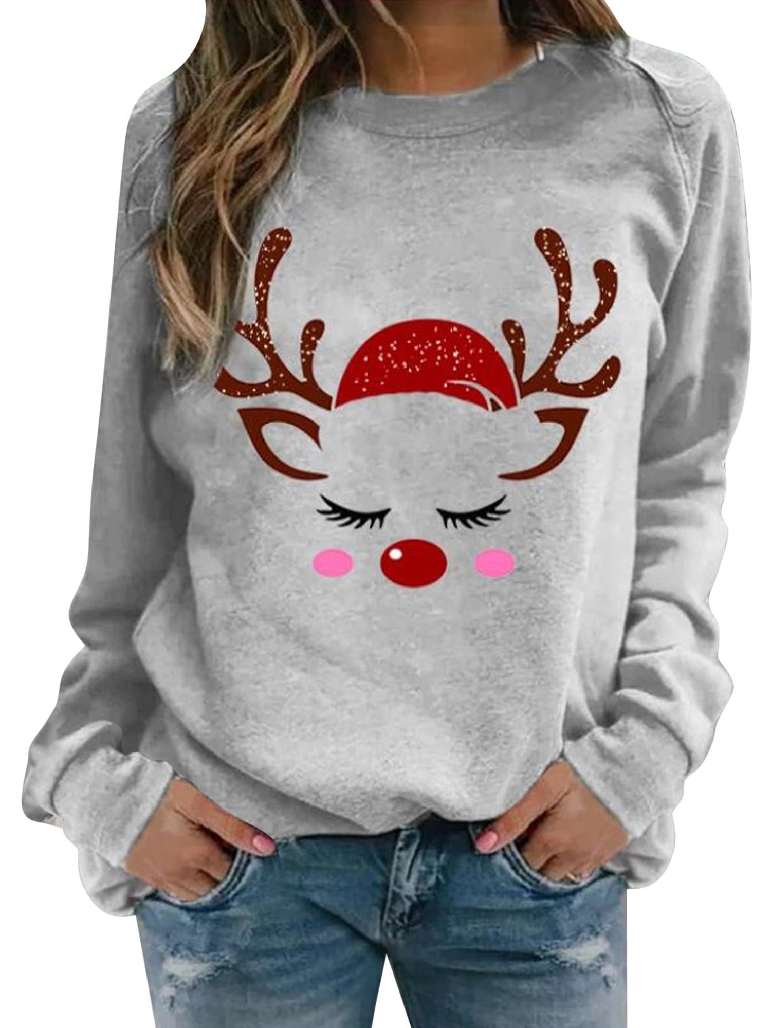 Autumn Winter Long Sleeve Crew Neck Christmas Reindeer Print Pullover