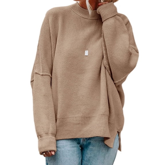 Autumn Winter Long Sleeve Women Solid Ribbed Knit Side Slit Pullover