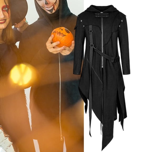 Autumn Winter Men Long Coat Solid Color Irregular Long Sleeves Hooded Zipper Strappy Overcoat for Halloween