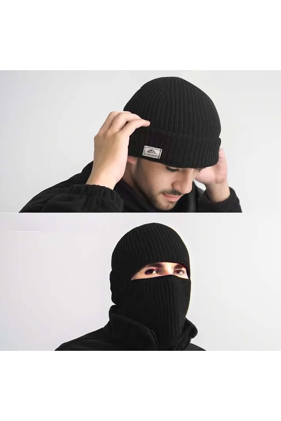 Autumn And Winter Men's Black Knitted Pullover Cold Hat With Thick Warm Woolen Hat Winter Wool Hats Men Men Ear Warmer Ski Headgear Men Full Face Hat Warm Windproof Cap Women Snow Hats Mens Winter