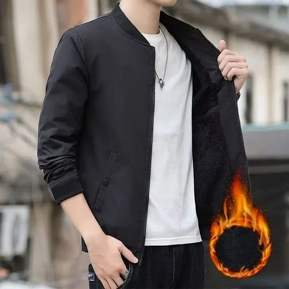 Autumn Winter Men's Casual Windproof Jacket Fashion Outdoor Warm Coat Baseball Collar Loose Solid Color Mens Bomber Jacket (Black,L)