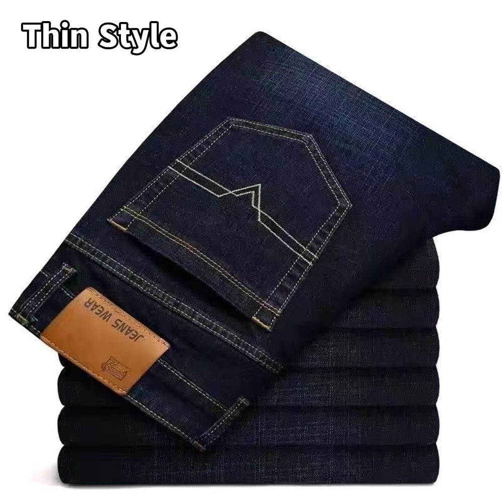 Autumn Winter Men's Fleece Warm Jeans Fashion Business Long Pants Retro