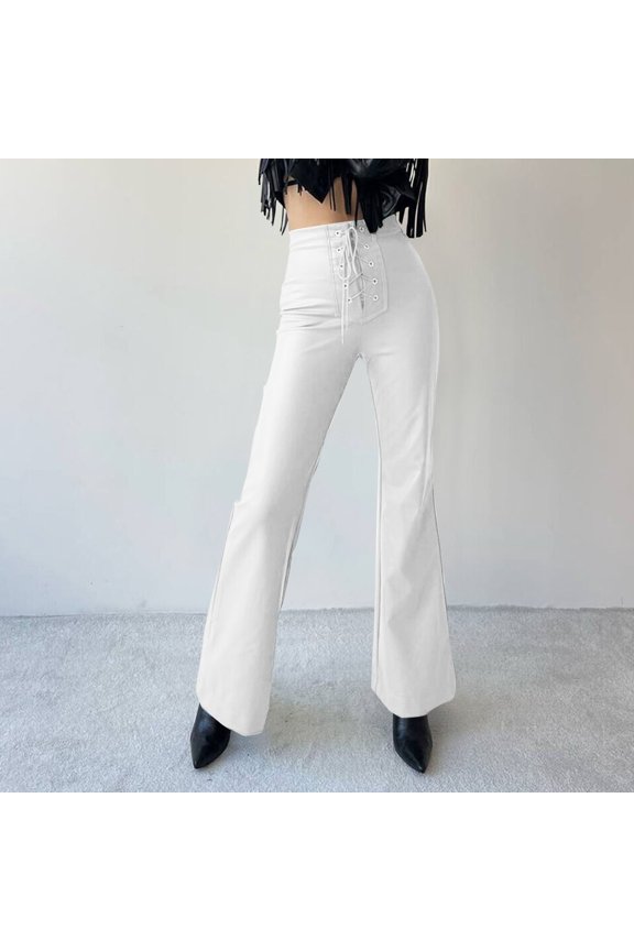Autumn And Winter New European And Women's High Waisted Bootcut Stretch Metal Hole Strap PU Imitation Leather Fashion Slacks Women Women Winter Pants Casual Soft Pants Women Casual Jogging Pants Women
